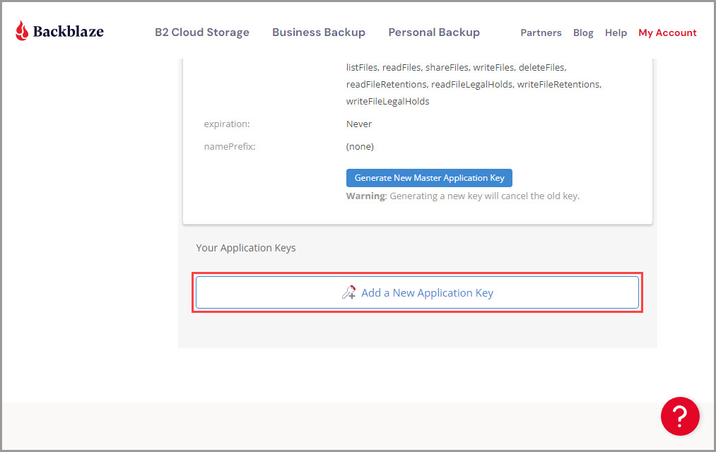 Demonstrating how to add a new application key in a Backblaze B2 account