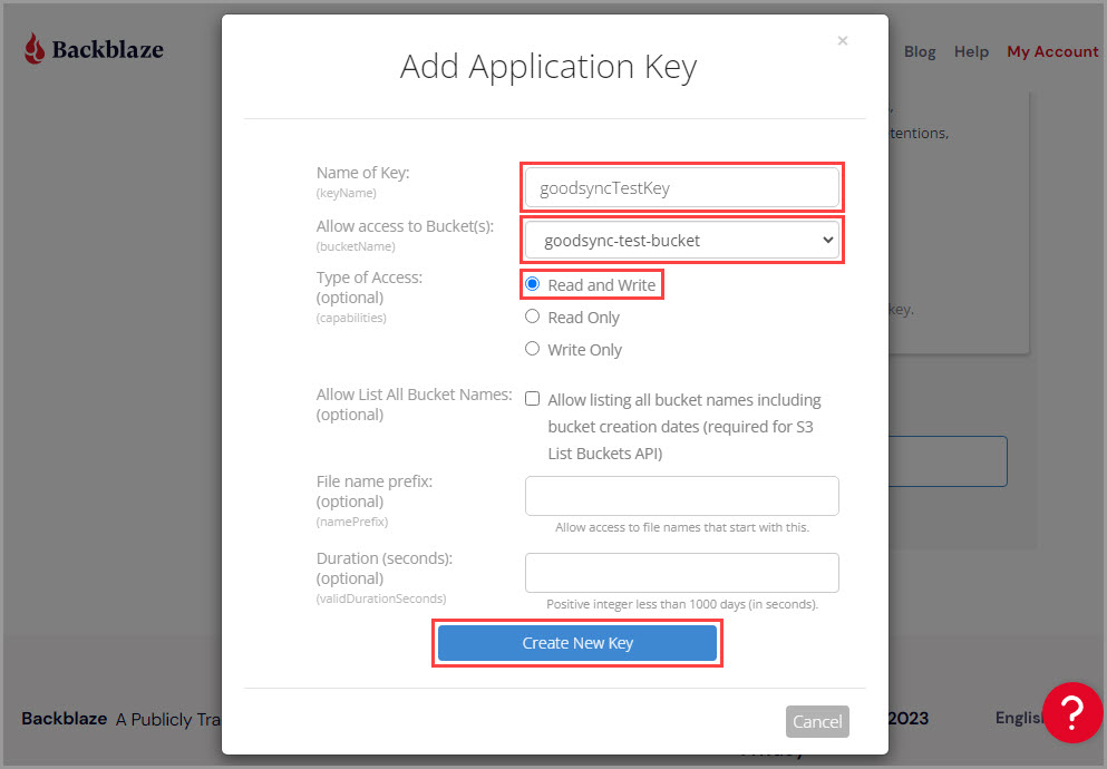 Showing how to set the key name, bucket name, type of access, and create a new application key in a Backblaze B2 account