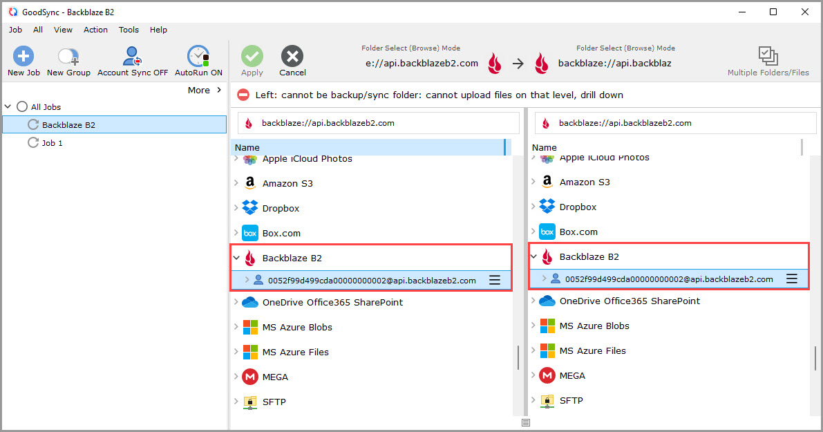 Screenshot displaying the contents of a Backblaze B2 account in the GoodSync browse dialog