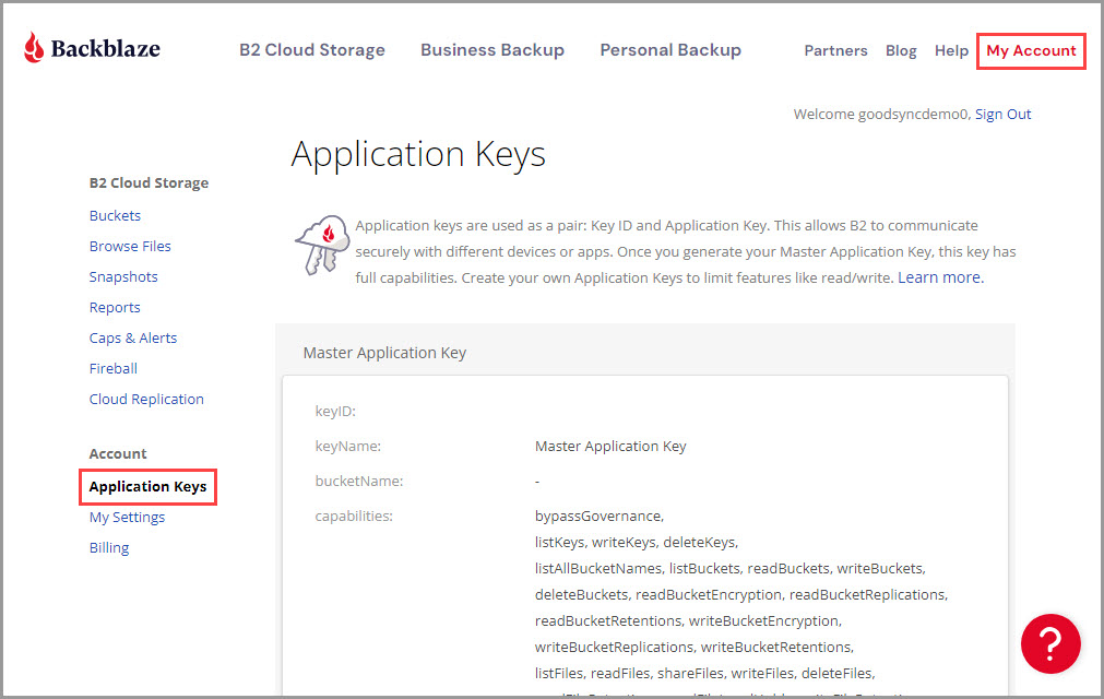 Demonstrating how to access the 'Application Keys' section in a Backblaze B2 account