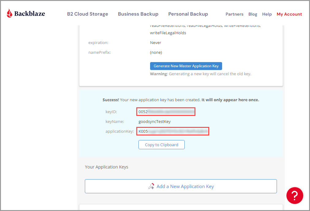 Showing how to locate the credentials for the new Backblaze B2 application key to use in GoodSync