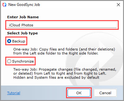 Demonstrating how to set the job name and job type for a new GoodSync job