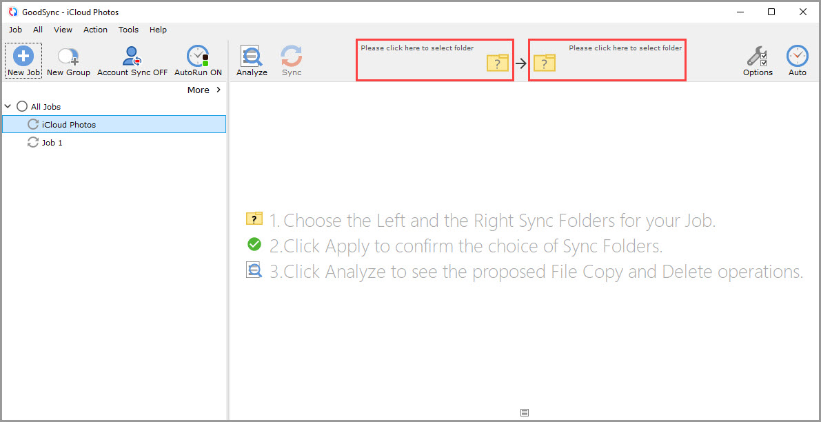 Screenshot of the GoodSync window illustrating how to enter browse mode for sync folder selection