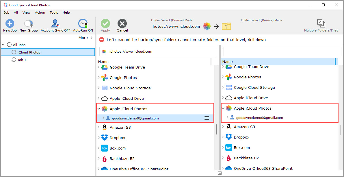 Screenshot displaying the contents of the Apple iCloud Photos account in GoodSync browse dialog