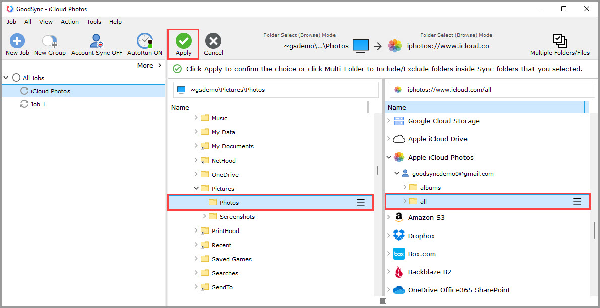 Showing how to select the left and right sync folders in a GoodSync job using the Apple iCloud Photos file system