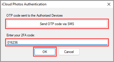 Showing how to perform two-factor authentication for an Apple ID to access Apple iCloud Photos storage
