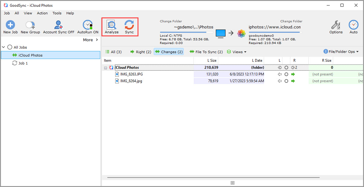 Screenshot demonstrating that a new GoodSync job with Apple iCloud Photos is ready to Analyze and Sync