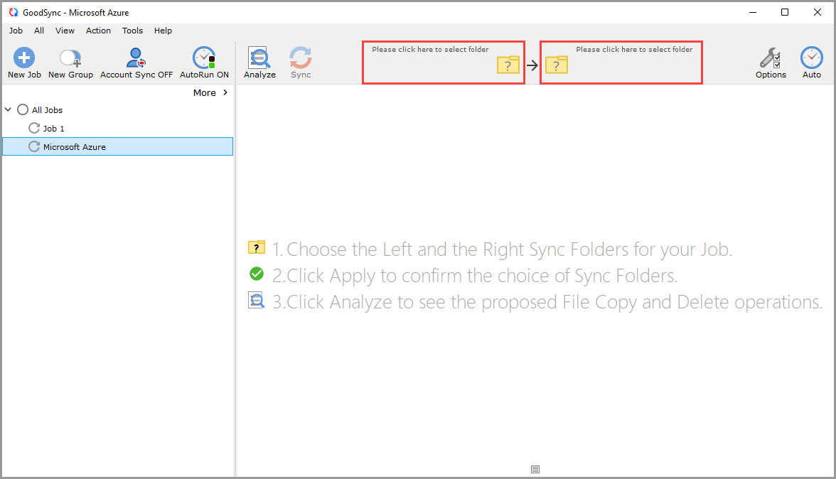 Screenshot of the GoodSync window illustrating how to enter browse mode for sync folder selection
