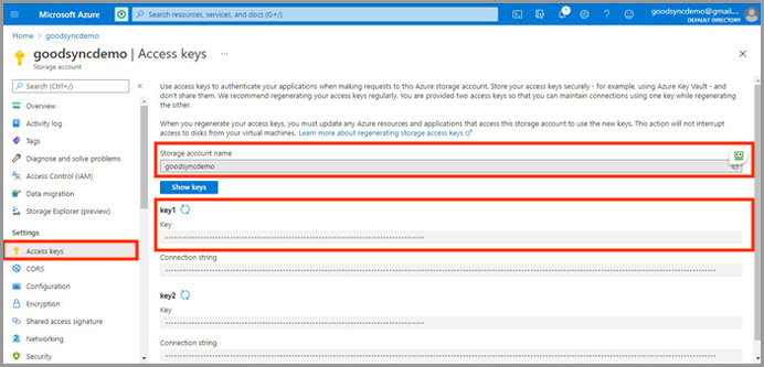 Screenshot showing how to locate the storage account name and access keys in a Microsoft Azure account