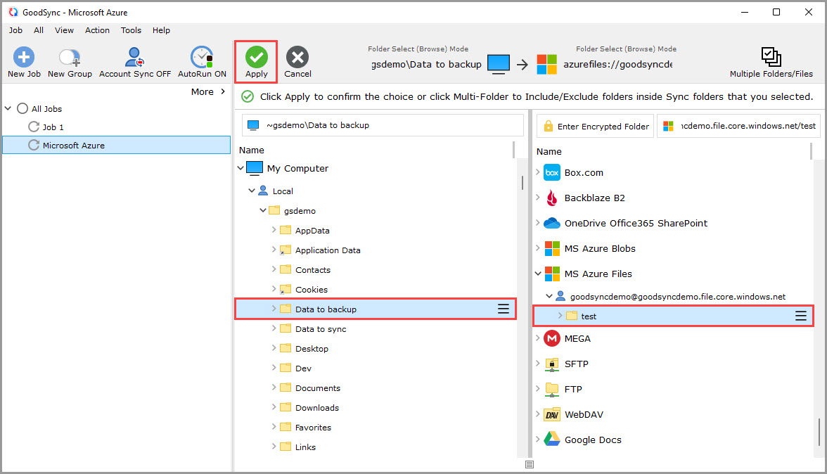 Showing how to select the left and right sync folders in a GoodSync job using the Microsoft Azure file system