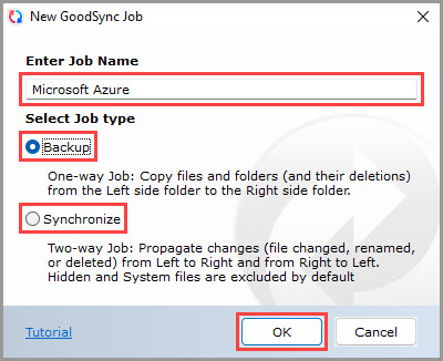 Demonstrating how to set the job name and job type for a new GoodSync job