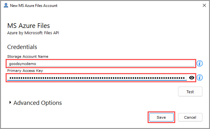 Screenshot showing how to enter credentials to access Microsoft Azure storage