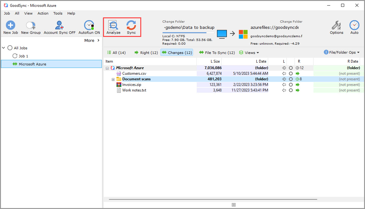 Screenshot demonstrating that a new GoodSync job with Microsoft Azure is ready to Analyze and Sync