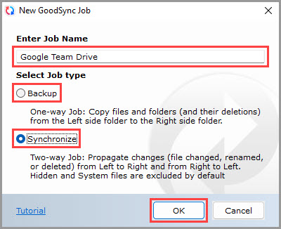 Demonstrating how to set the job name and job type for a new GoodSync job