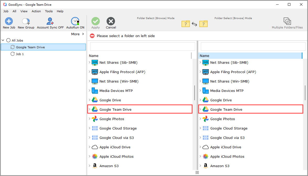 Screenshot of the GoodSync window illustrating how to select the Google Team Drive file system