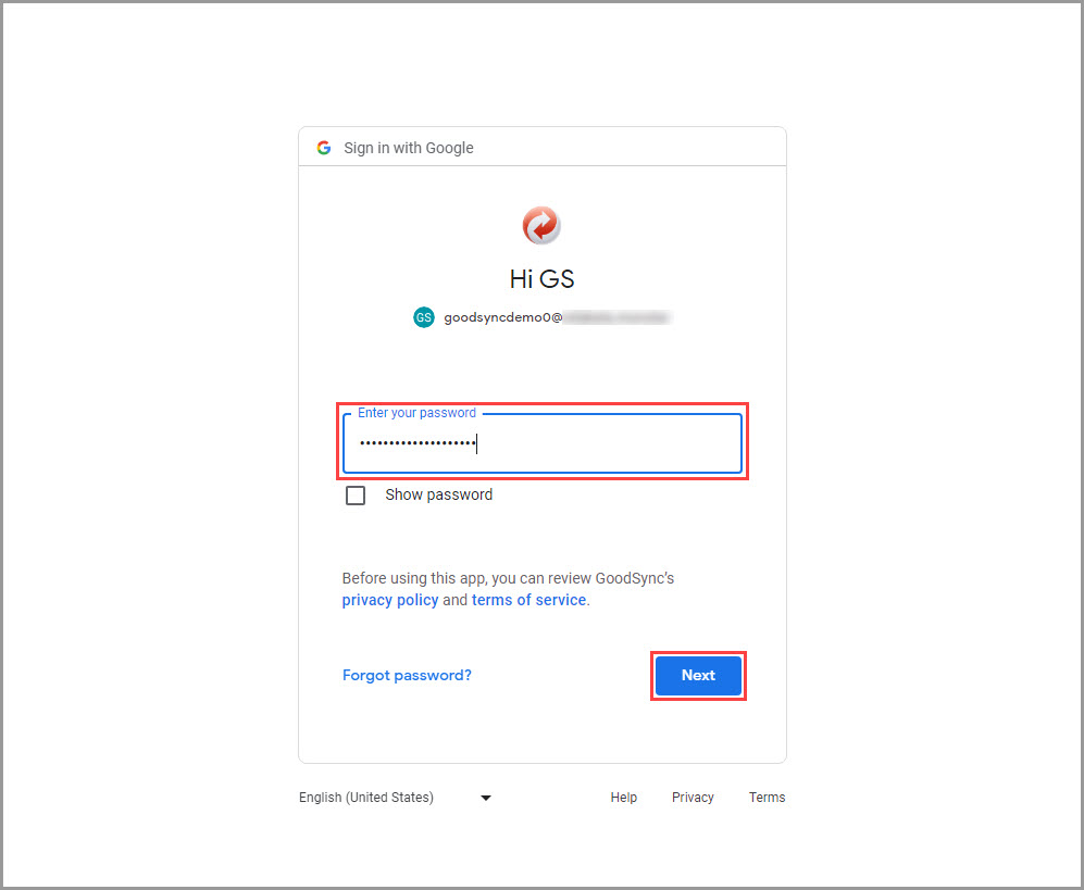 Screenshot displaying how to enter a Google Account password on the Google authentication page
