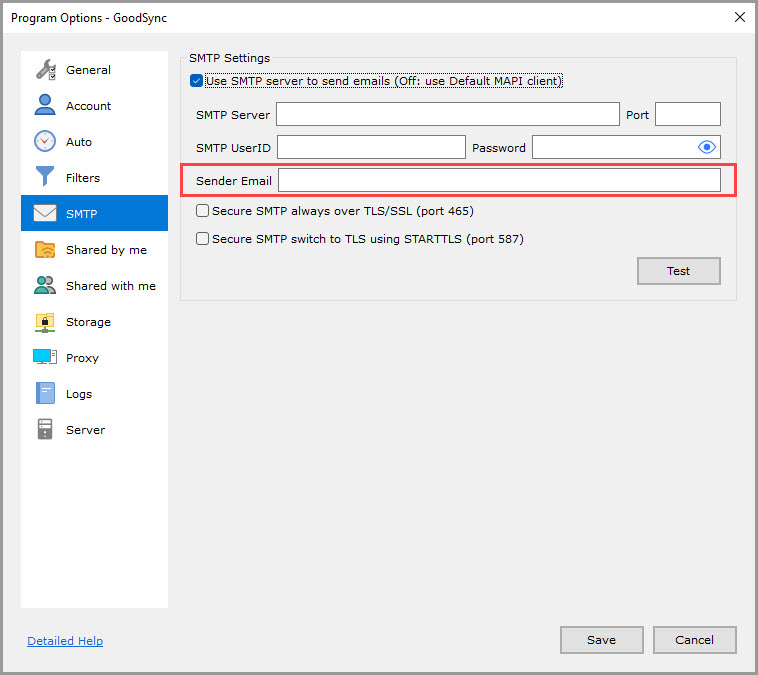 Screenshot highlighting the 'Sender Email' setting in the 'SMTP' section of the GoodSync Program Options