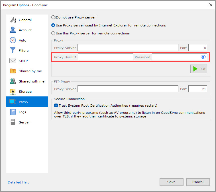 Screenshot highlighting the 'Proxy UserID' and 'Password' settings in the 'Proxy' section of the GoodSync Program Options