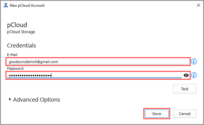 Screenshot showing how to enter credentials to access pCloud storage