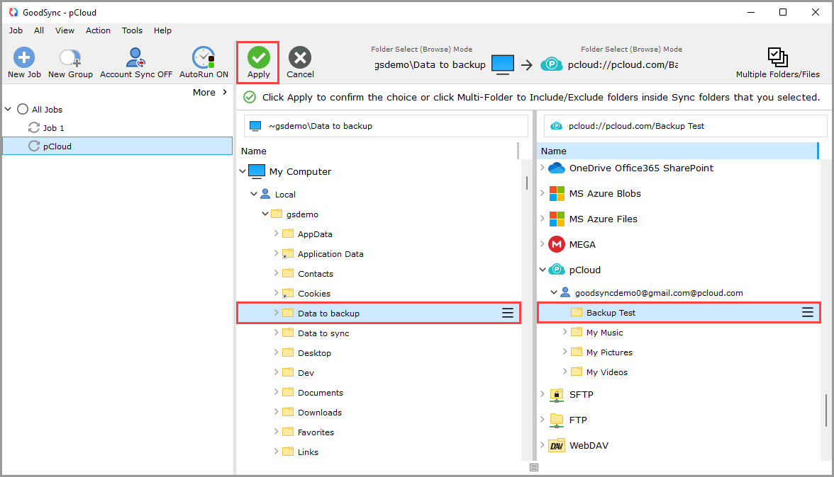 Showing how to select the left and right sync folders in a GoodSync job using the pCloud file system