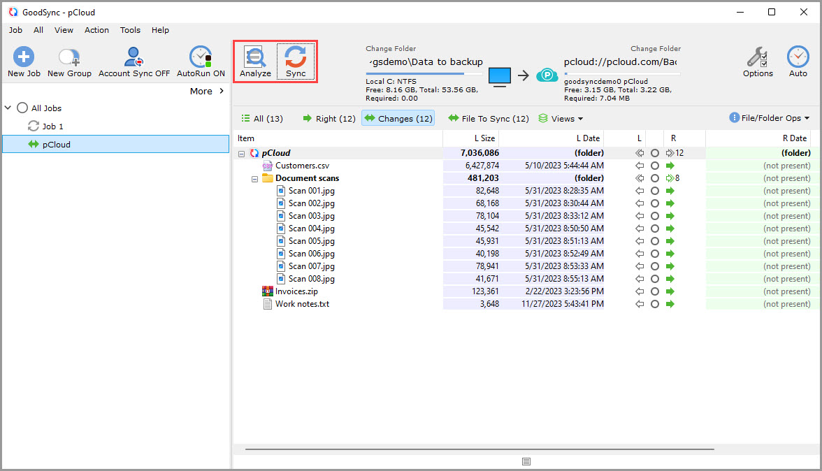 Screenshot demonstrating that a new GoodSync job with pCloud is ready to Analyze and Sync