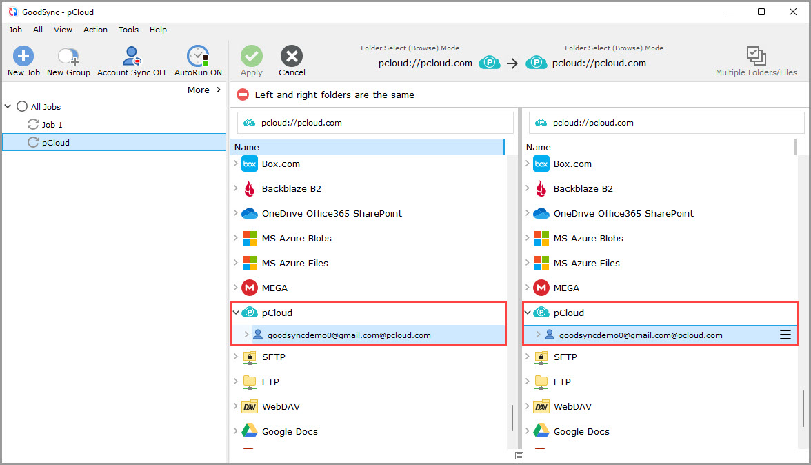 Screenshot displaying the contents of a pCloud account in the GoodSync browse dialog