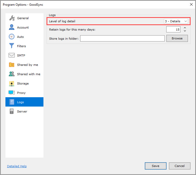 Screenshot highlighting the 'Level of log detail' setting in the 'Logs' section of the GoodSync Program Options
