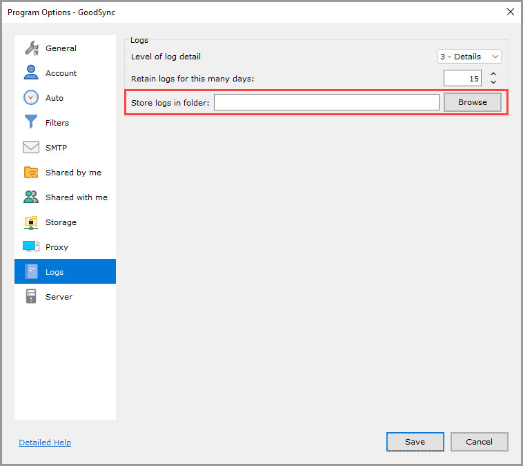 Screenshot highlighting the 'Store logs in folder' setting in the 'Logs' section of the GoodSync Program Options