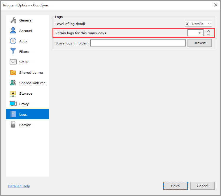 Screenshot highlighting the 'Retain logs for this many days' setting in the 'Logs' section of the GoodSync Program Options