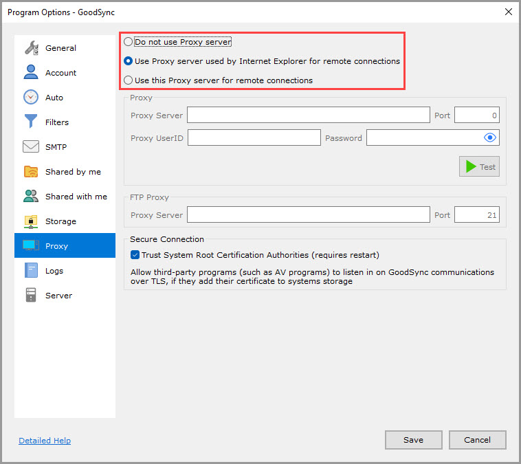 Screenshot displaying the options available for configuring a proxy in the 'Proxy' section of the GoodSync Program Options