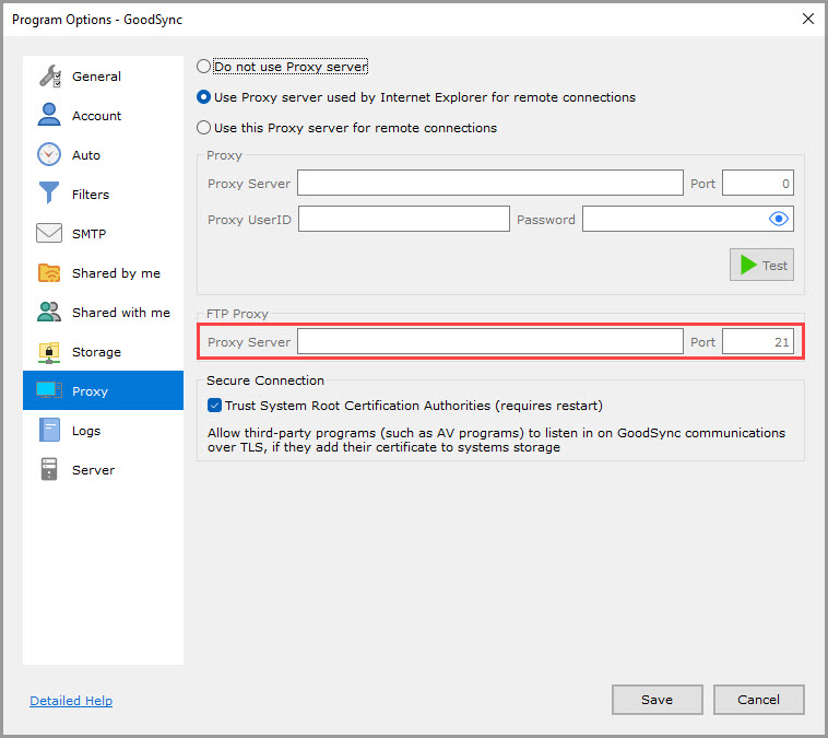 Screenshot highlighting the 'FTP Proxy Server' and 'Port' settings in the 'Proxy' section of the GoodSync Program Options