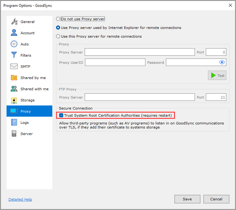 Screenshot highlighting the 'Trust System Root Certification Authorities' setting in the 'Proxy' section of the GoodSync Program Options