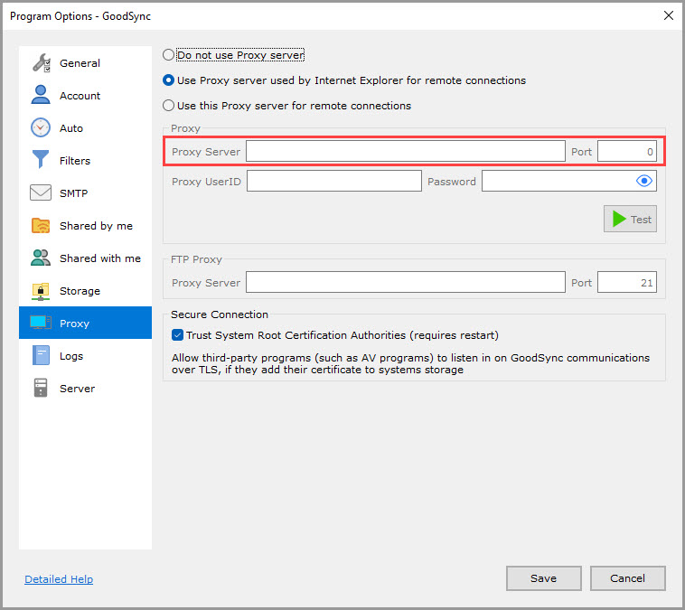 Screenshot highlighting the 'Proxy Server' and 'Port' settings in the 'Proxy' section of the GoodSync Program Options