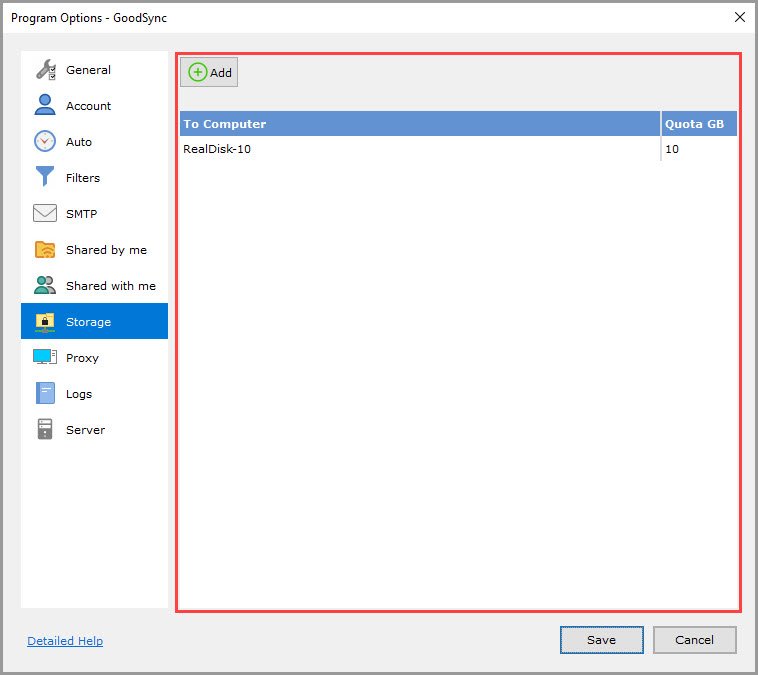 Screenshot showing how to access and use the 'Storage' section of the GoodSync Program Options