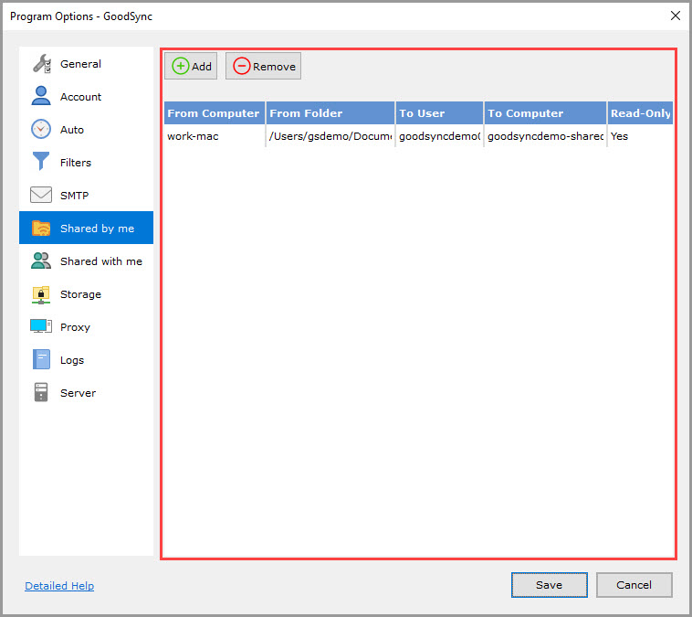 Screenshot demonstrating how to access and use the 'Shared by me' section of the GoodSync Program Options