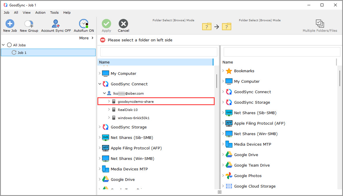 Showing how to access shares created by other GoodSync users through GoodSync browse dialog