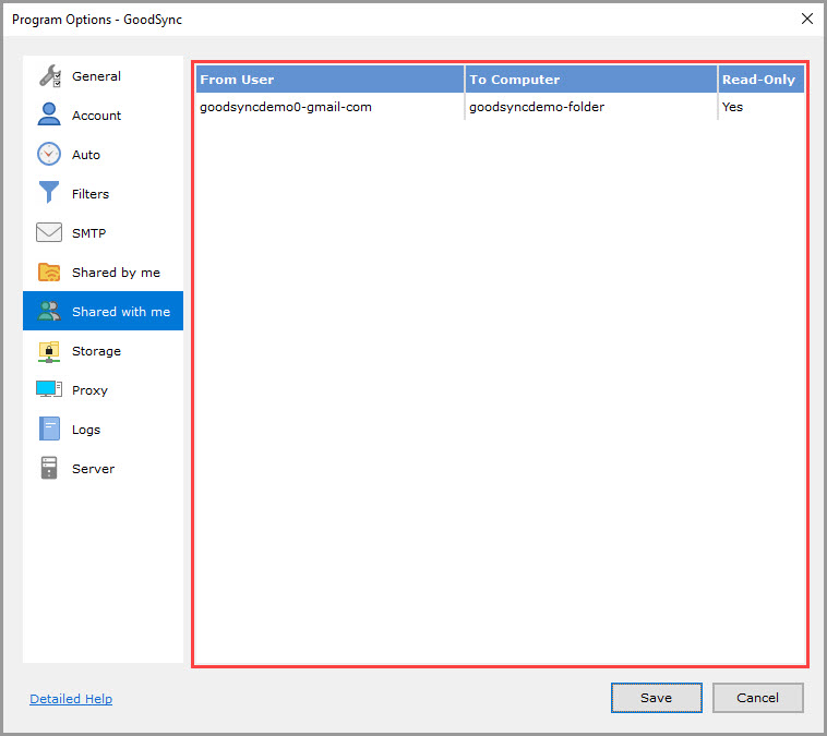 Screenshot showing how to access and use the 'Shared with me' section of the GoodSync Program Options