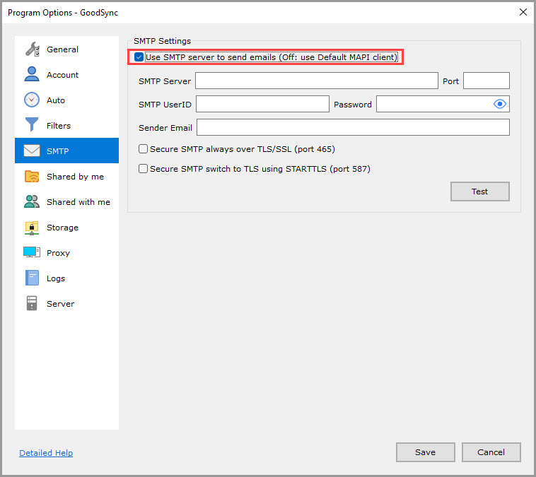 Screenshot highlighting the 'Use SMTP server to send emails' setting in the 'SMTP' section of the GoodSync Program Options