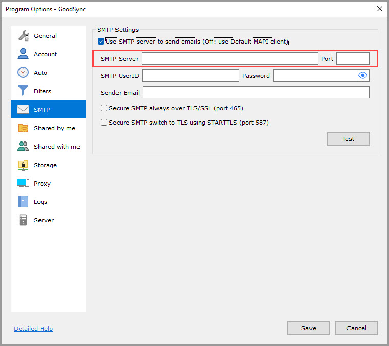 Screenshot highlighting the 'SMTP Server' and 'Port' settings in the 'SMTP' section of the GoodSync Program Options