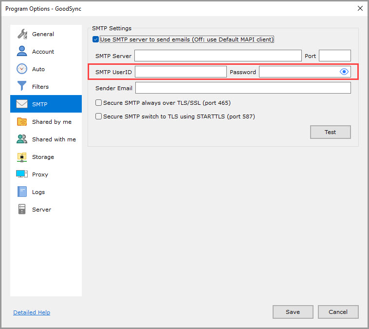 Screenshot highlighting the 'SMTP UserID' and 'Password' settings in the 'SMTP' section of the GoodSync Program Options