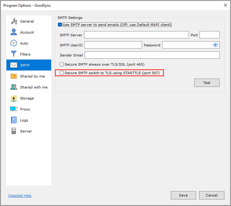 Screenshot highlighting the 'Secure SMTP switch to TLS using STARTTLS (port 587)' setting in the 'SMTP' section of the GoodSync Program Options