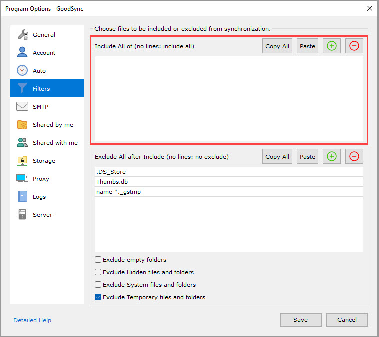 Screenshot highlighting the 'Include All of' list in the 'Filters' section of the GoodSync Program Options