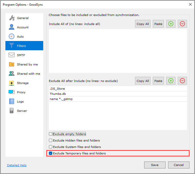 Screenshot highlighting the 'Exclude Temporary files and folders' setting in the 'Filters' section of the GoodSync Program Options