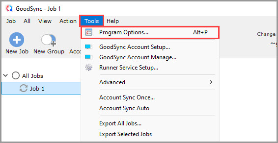 Screenshot demonstrating how to access the GoodSync Program Options within the GoodSync for Windows interface
