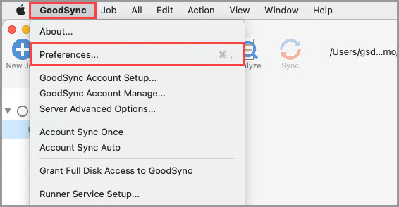 Screenshot demonstrating how to access the GoodSync Preferences within the GoodSync for Mac interface