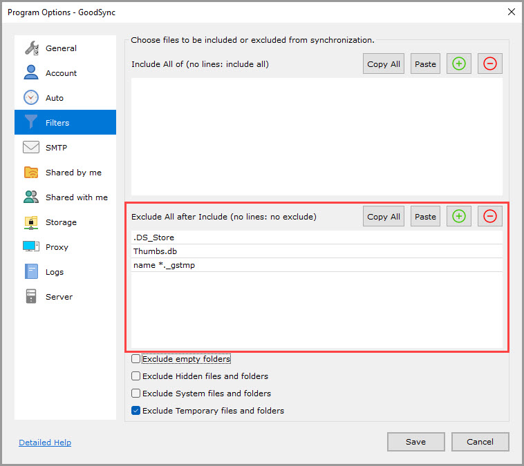 Screenshot highlighting the 'Exclude All after Include' list in the 'Filters' section of the GoodSync Program Options