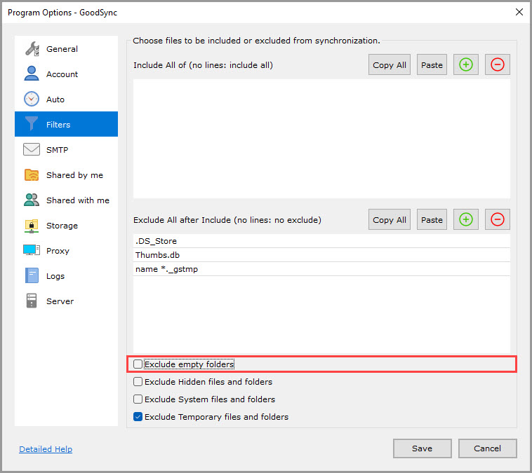 Screenshot highlighting the 'Exclude empty folders' setting in the 'Filters' section of the GoodSync Program Options