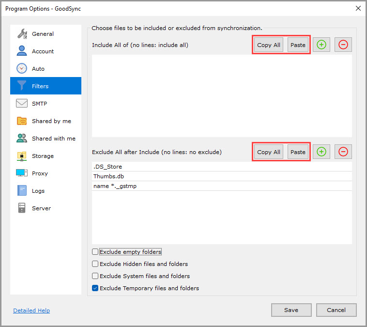 Screenshot demonstrating the use of the copy and paste functions in the 'Filters' section of the GoodSync Program Options