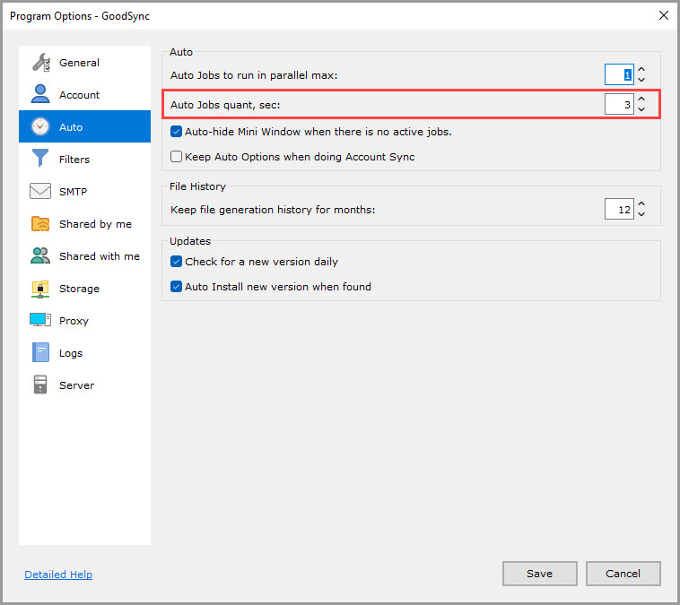 Screenshot highlighting the 'Auto Jobs quant' setting in the 'Auto' section of the GoodSync Program Options