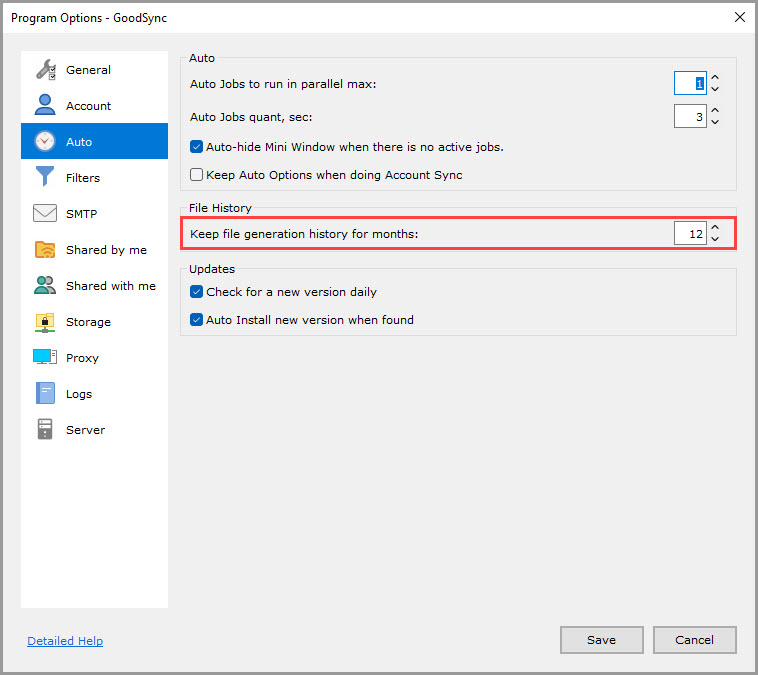 Screenshot highlighting the 'Keep file generation history for months' setting in the 'Auto' section of the GoodSync Program Options